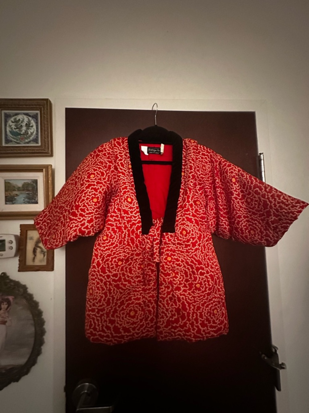 Quilted Japanese Hanten Red Floral Quilted Kimono Jacket with Black Velvet Trim